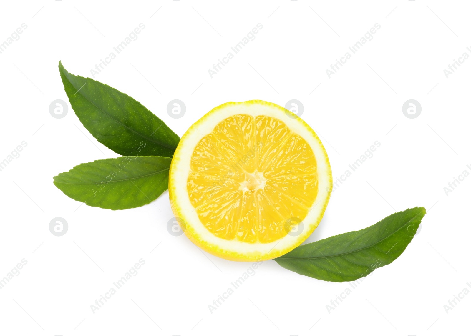 Photo of Fresh ripe lemon half with leaves on white background, top view