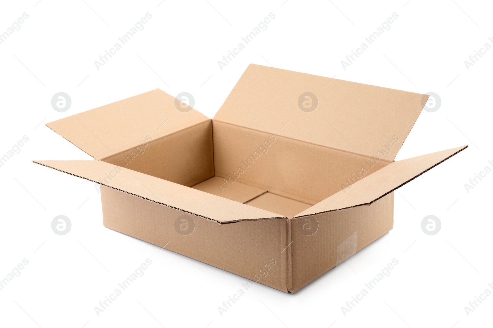 Photo of Open cardboard box on white background. Mockup for design