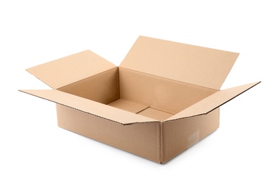 Photo of Open cardboard box on white background. Mockup for design