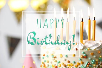 Image of Happy Birthday! Beautiful cake with burning candles on blurred background, closeup