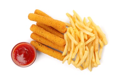 Tasty cheese sticks, french fries and ketchup on white background, top view