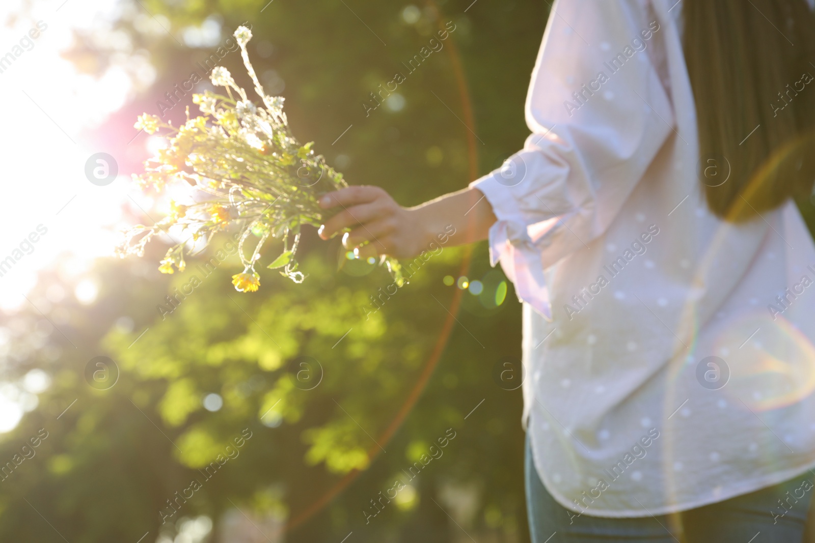 Photo of Young woman with beautiful bouquet outdoors on sunny day, closeup