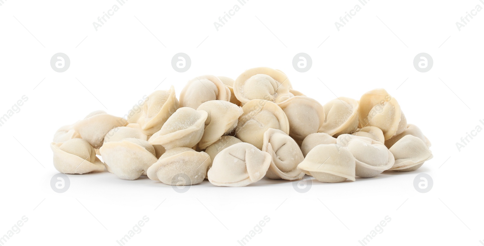 Photo of Heap of raw meat dumplings on white background