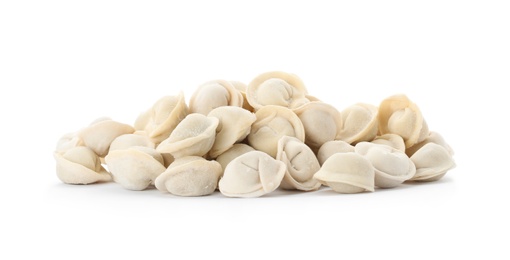 Heap of raw meat dumplings on white background