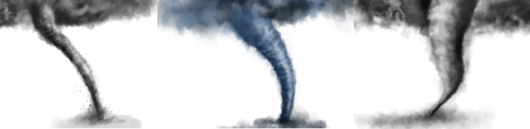 Image of Whirlwinds on white background, illustration. Weather phenomenon