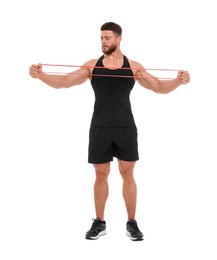 Photo of Young man exercising with elastic resistance band on white background