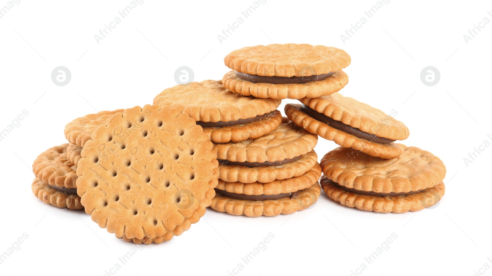 Photo of Tasty sandwich cookies with chocolate cream on white background