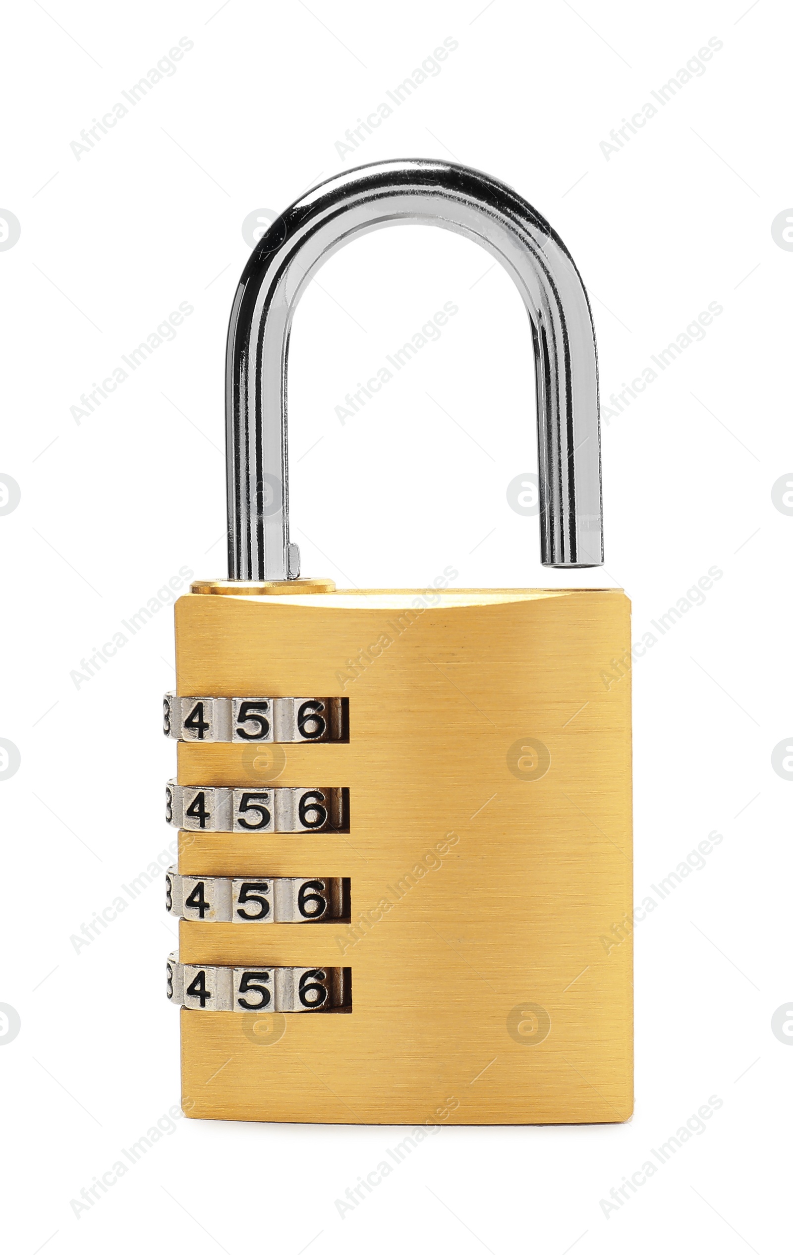 Photo of Unlocked steel combination padlock isolated on white