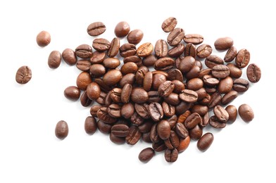 Pile of roasted coffee beans isolated on white, top view