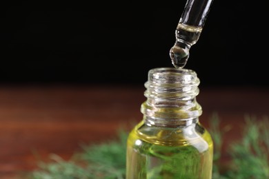 Photo of Dripping dill essential oil from pipette into bottle on table, closeup. Space for text