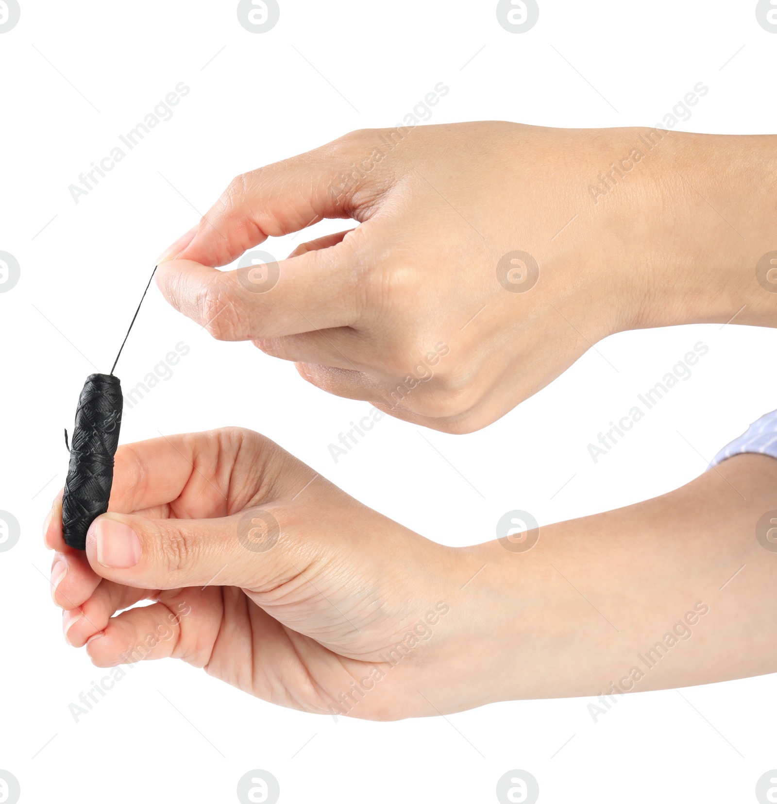 Photo of Woman holding natural dental floss on white background, closeup