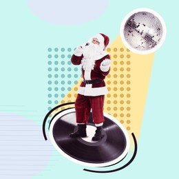Image of Creative Christmas collage. Santa Claus singing on vinyl record under disco ball against color background