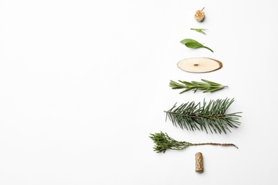 Christmas tree made of natural materials on white background, top view