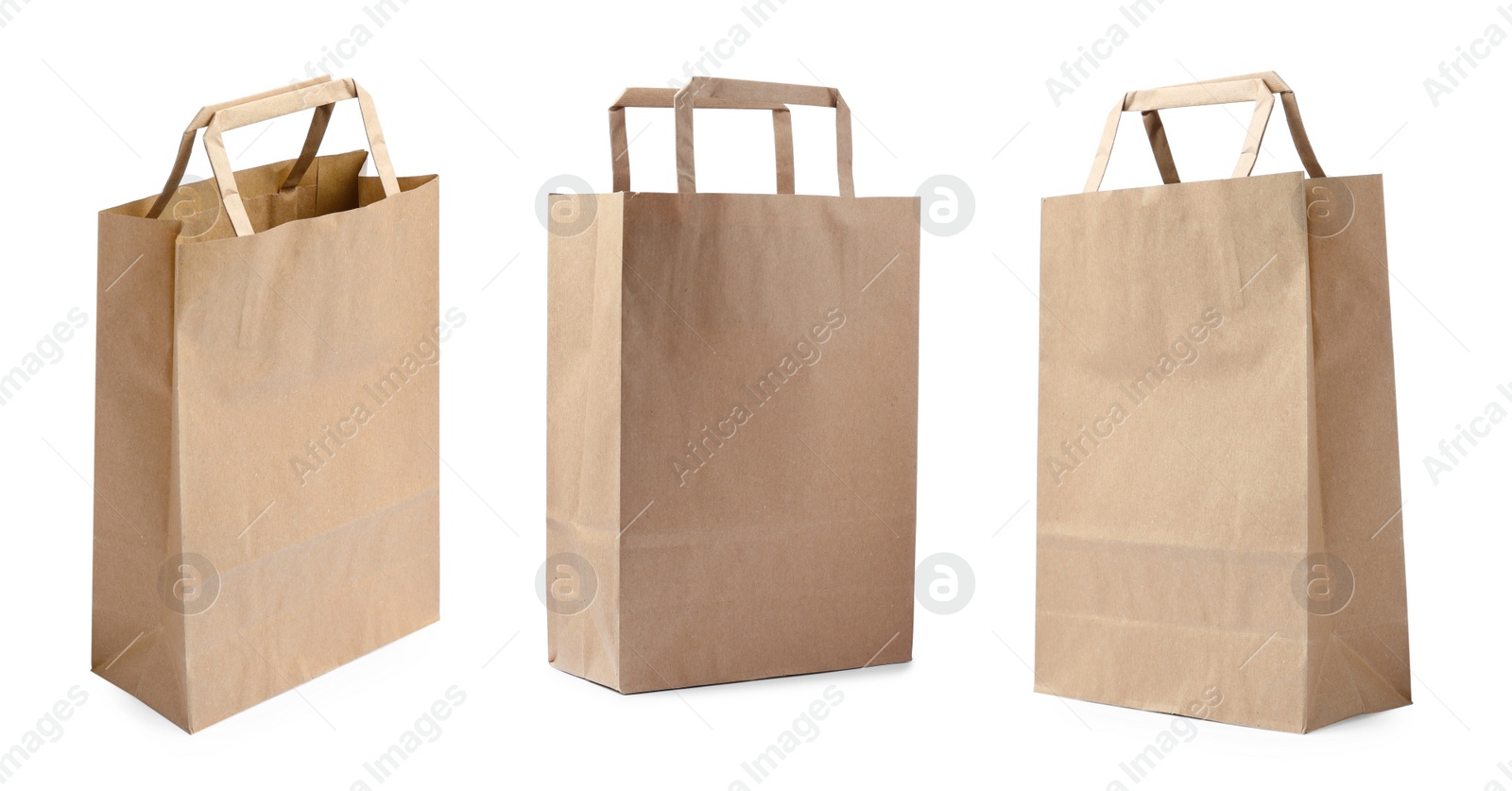 Image of Set with kraft paper bags on white background. Banner design