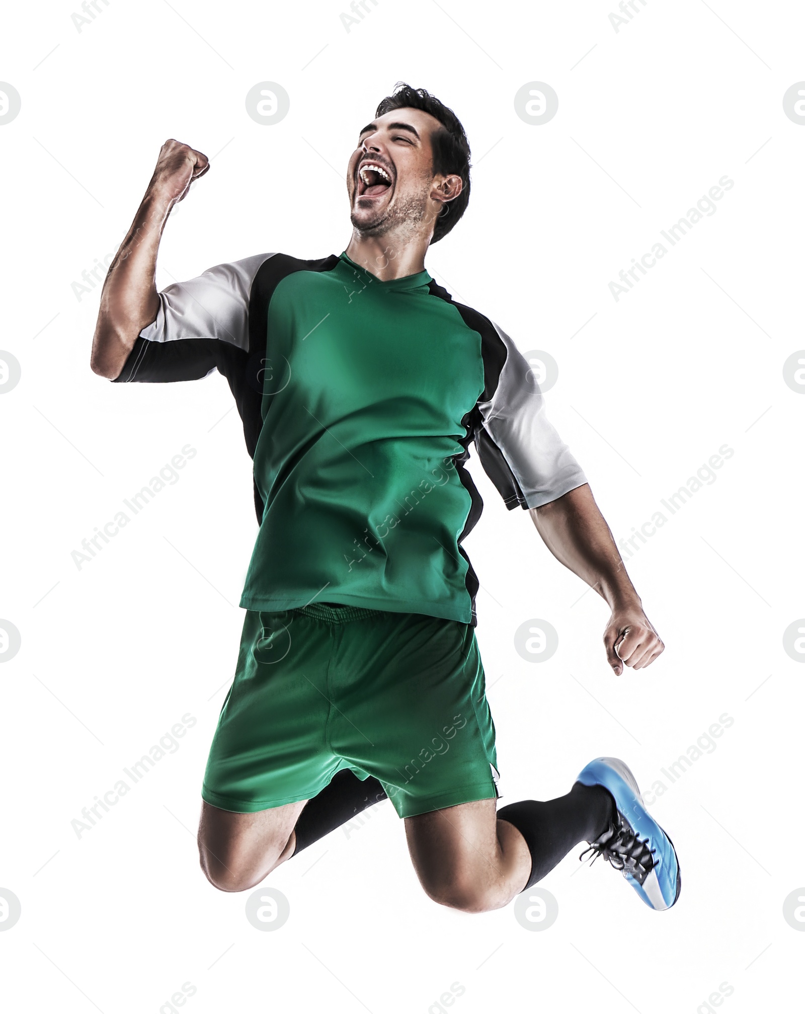 Image of Young emotional football player on white background