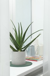 Photo of Beautiful potted aloe vera plant, watering can and magazines on windowsill indoors
