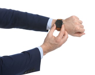 Photo of Businessman wearing wristwatch on white background, closeup. Time management
