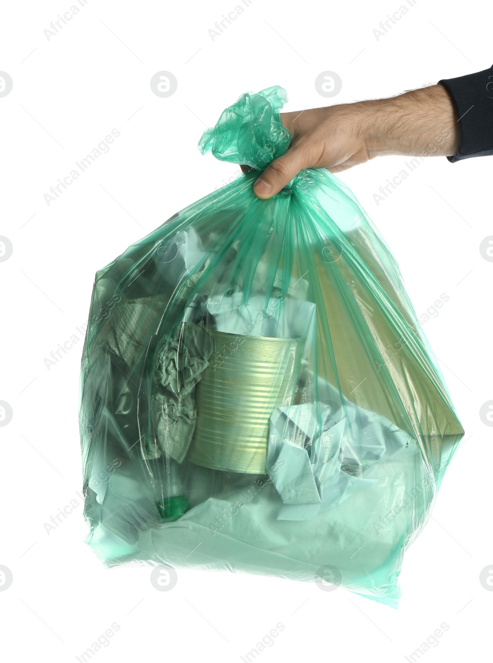 Photo of Man holding trash bag filled with garbage on white background, closeup