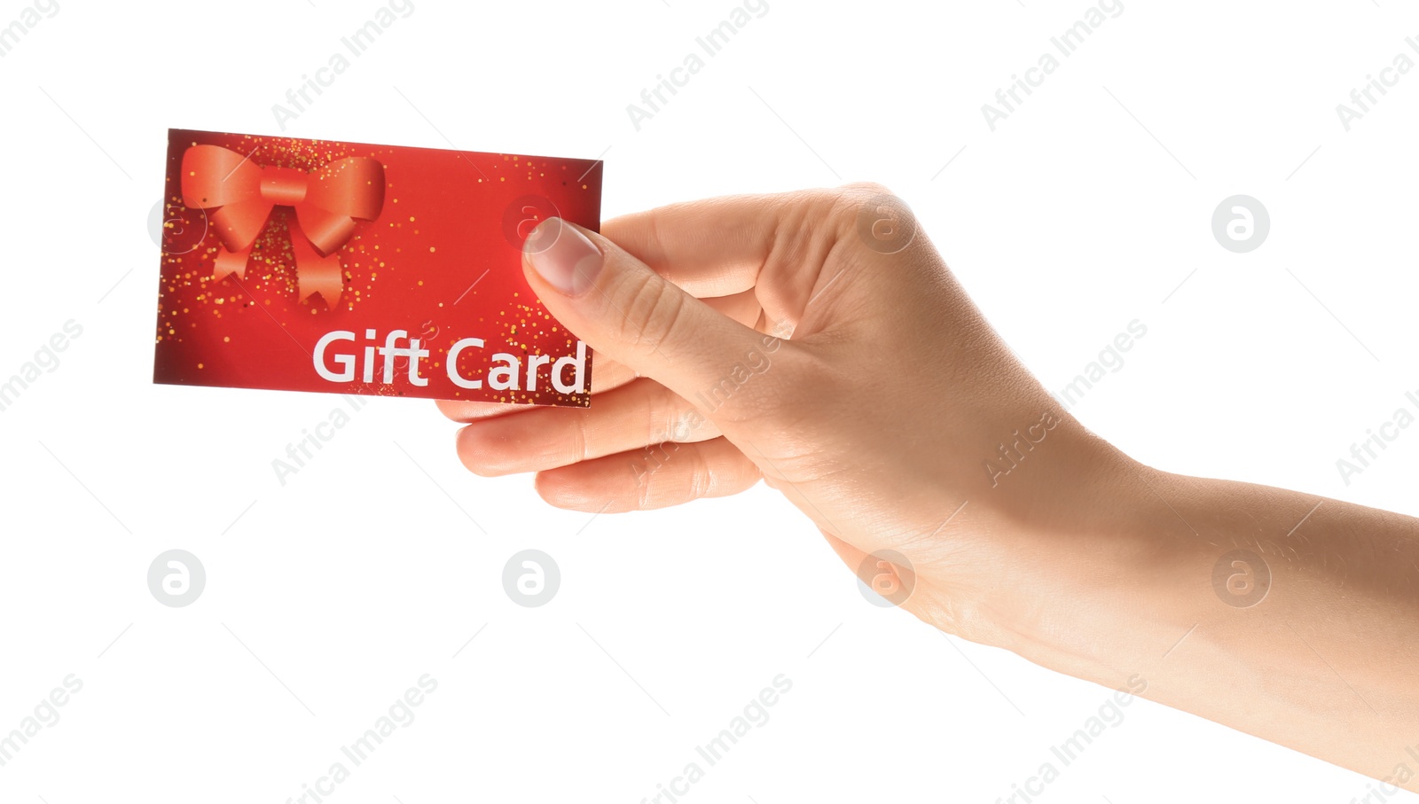 Photo of Woman holding gift card on white background, closeup