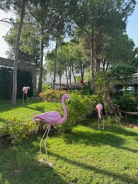Photo of Decorative pink flamingoes in beautiful hotel backyard with tropical trees and plants outdoors