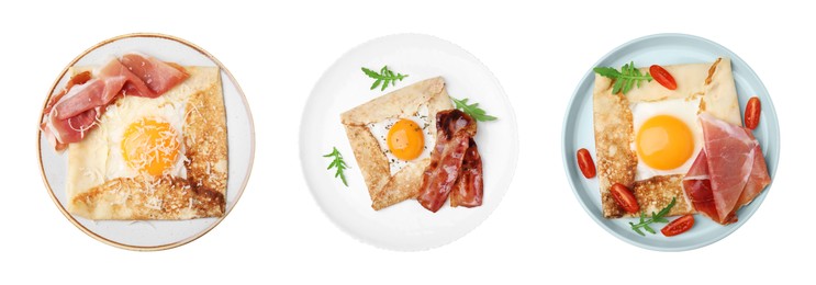 Image of Set with delicious crepes with eggs on white background, top view. Breton galette. Banner design