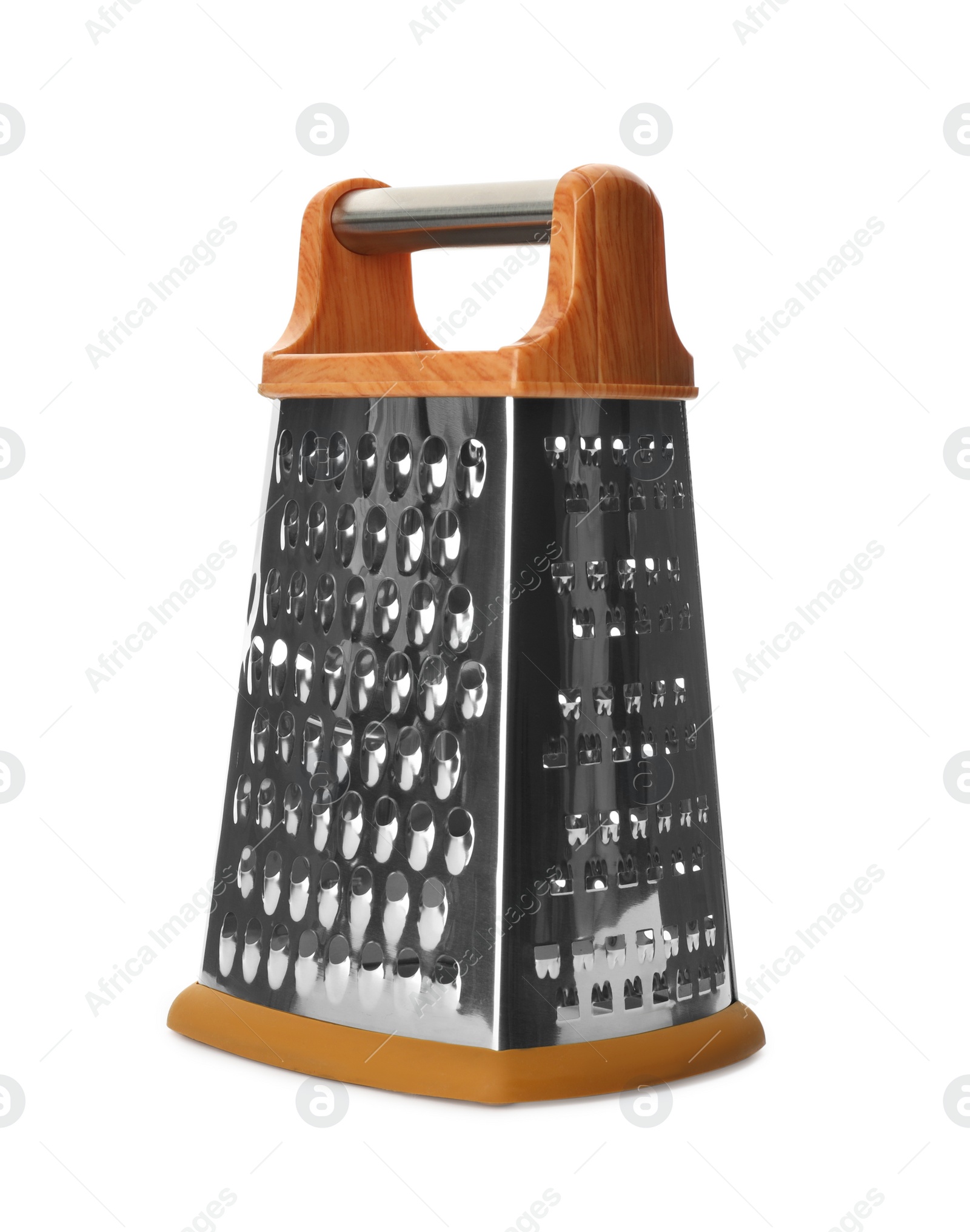 Photo of Stainless steel grater on white background. Kitchen utensil