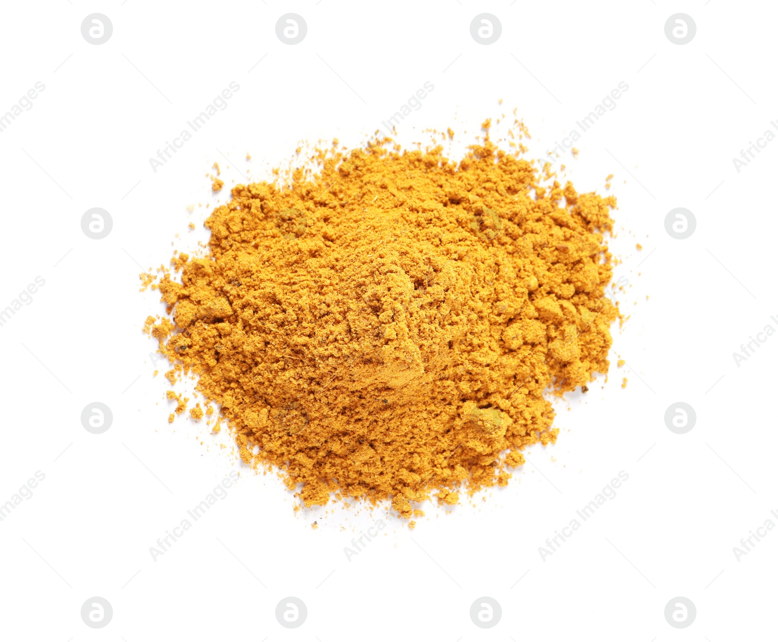 Photo of Pile of dry curry powder isolated on white, above view
