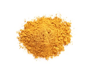 Pile of dry curry powder isolated on white, above view