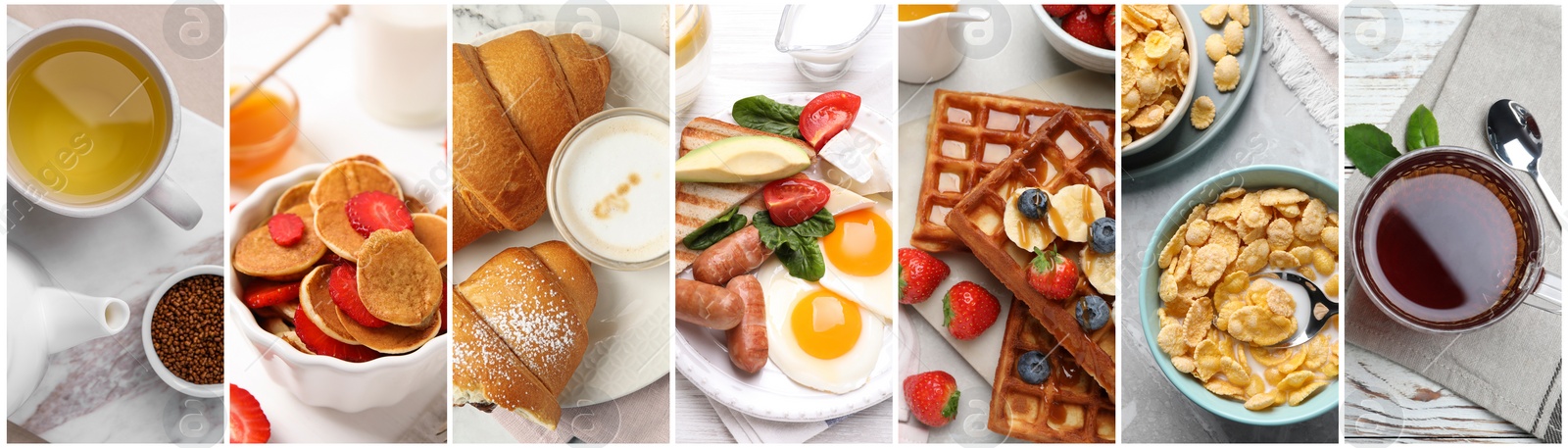 Image of Assortment of tasty breakfasts. Collage with different meals and drinks