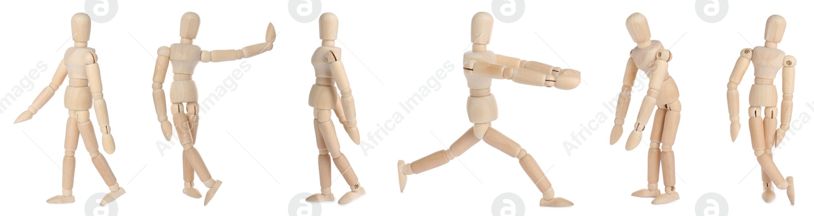 Image of Set with wooden human models in different poses on white background. Banner design