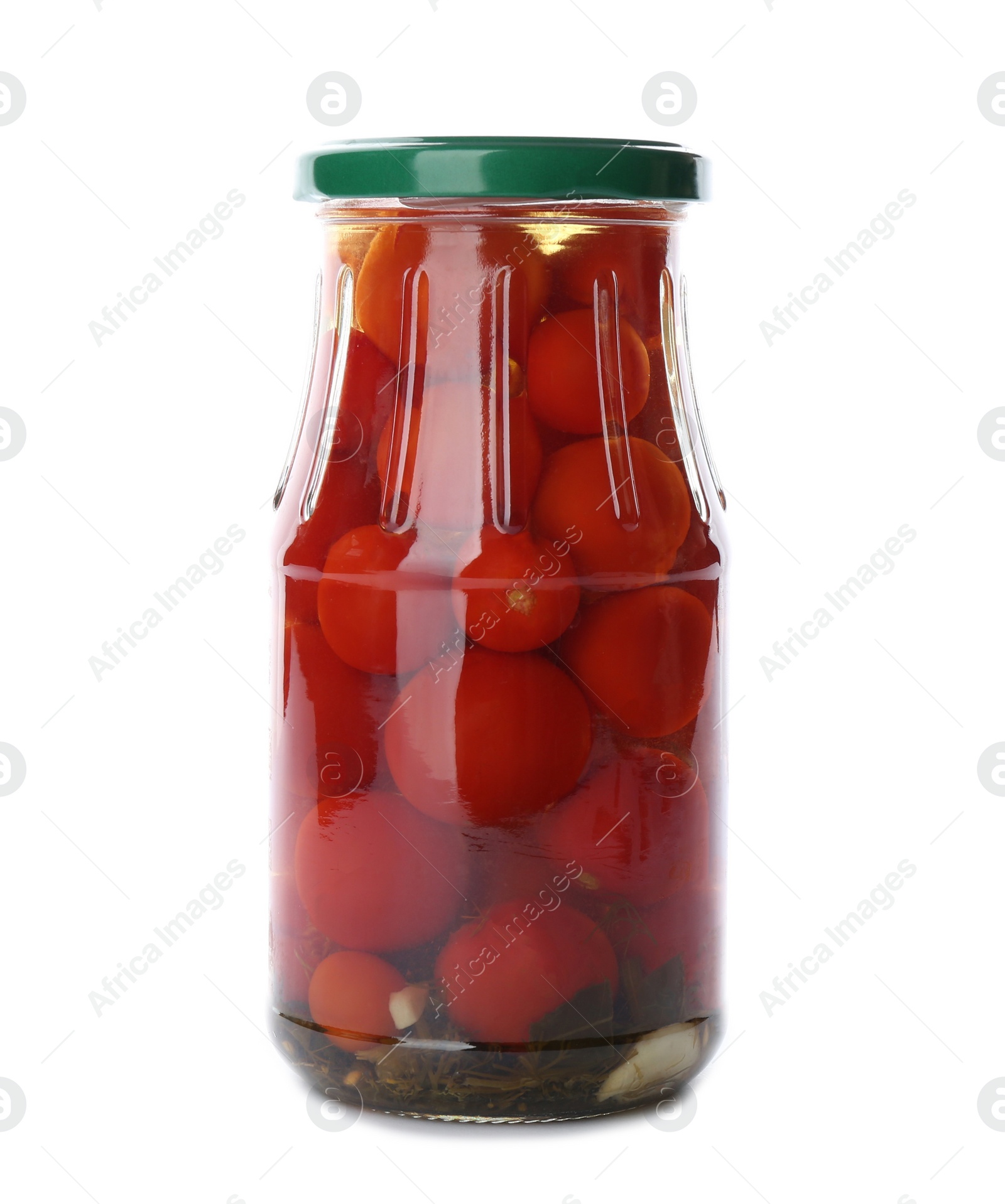 Photo of Pickled cherry tomatoes in glass jar isolated on white