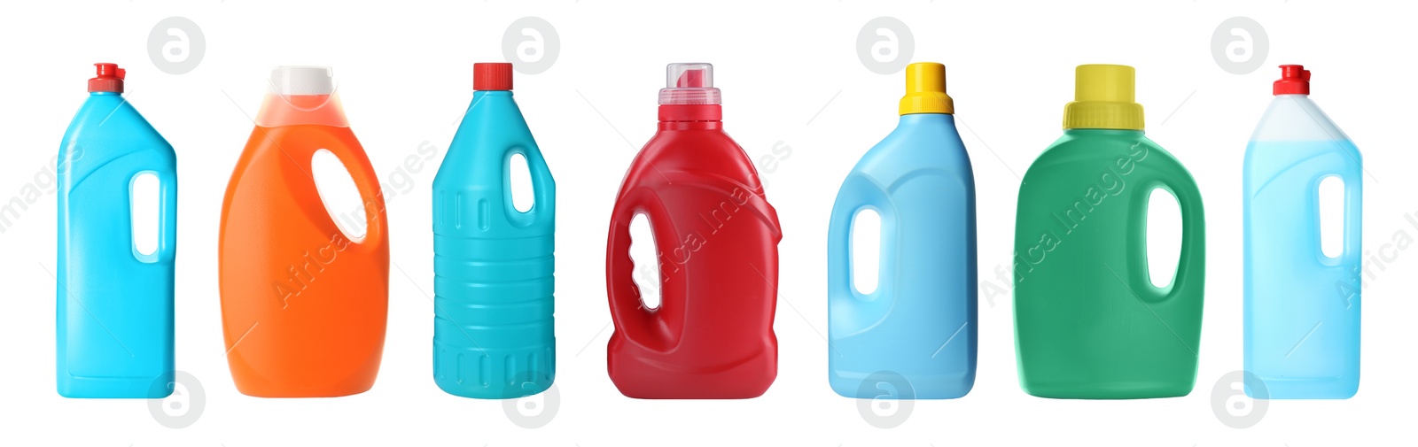 Image of Set with bottles of different cleaning products on white background, banner design. Household chemicals