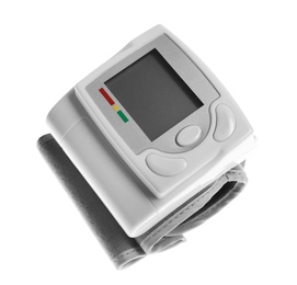 Digital blood pressure monitor on white background. Cardiology equipment