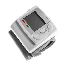 Photo of Digital blood pressure monitor on white background. Cardiology equipment