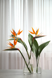 Photo of Bird of Paradise tropical flowers on white table