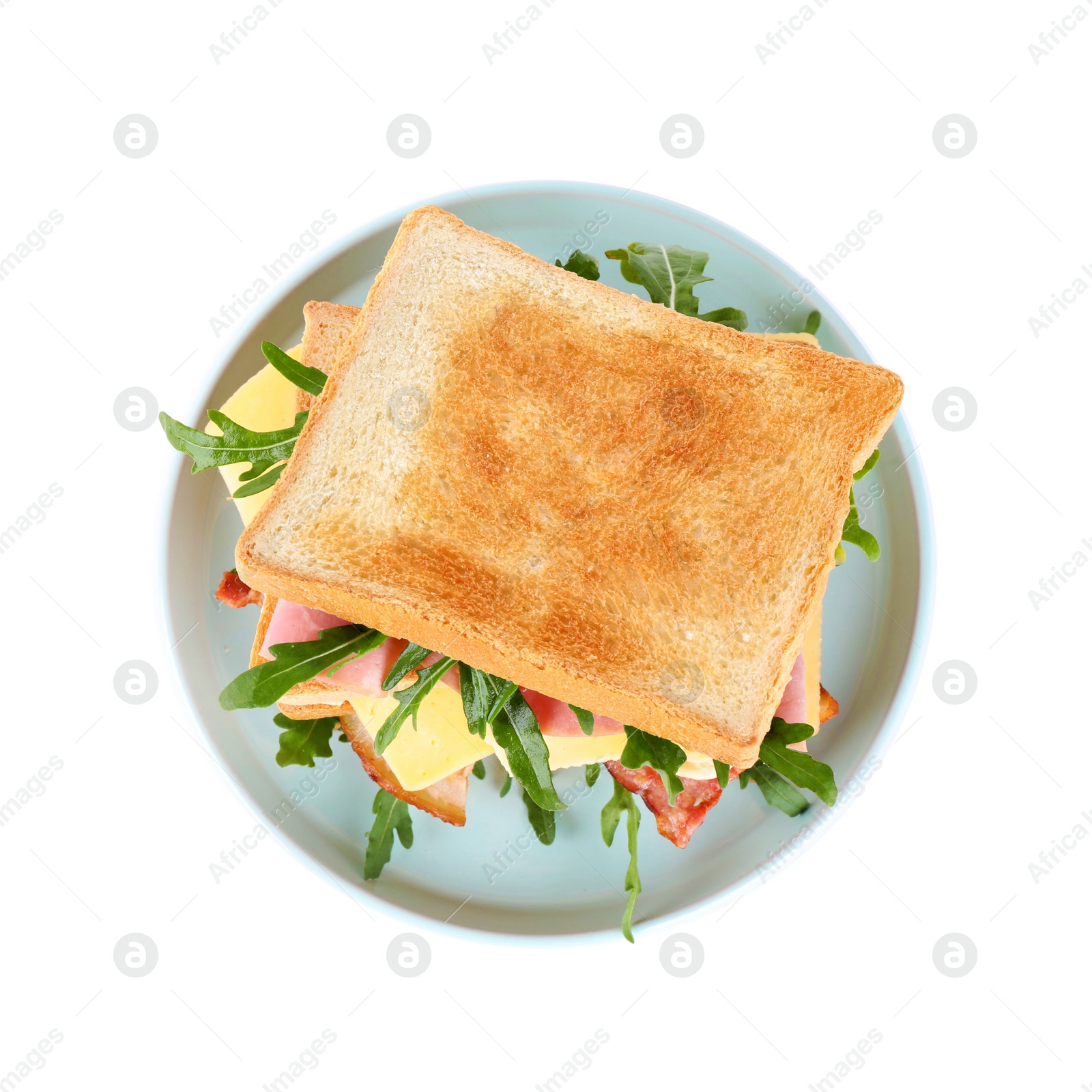 Photo of Tasty sandwich with toasted bread isolated on white, top view