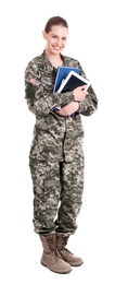 Photo of Female soldier with books and tablet computer on white background. Military service