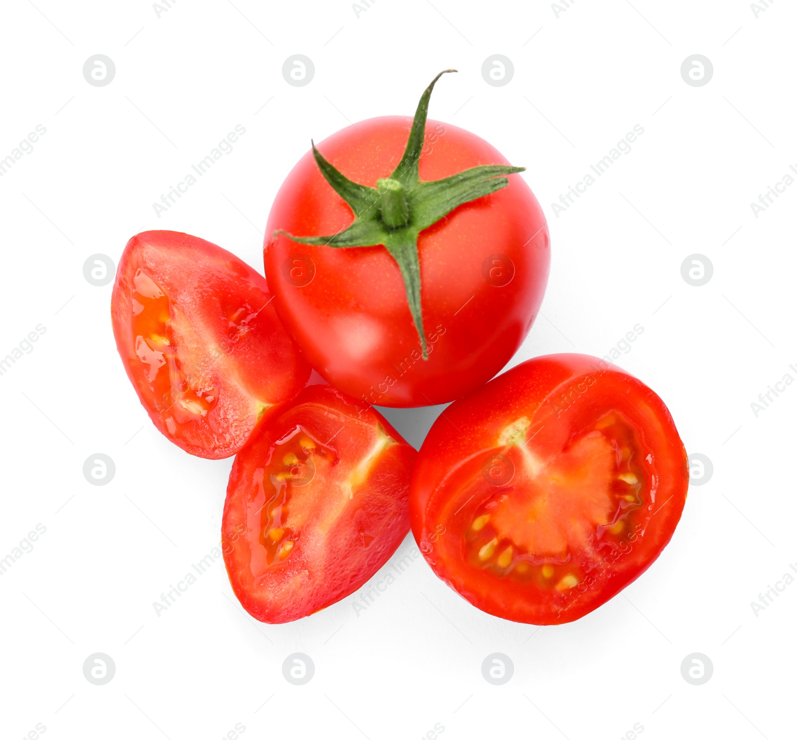 Photo of Fresh ripe tomatoes on white background, top view