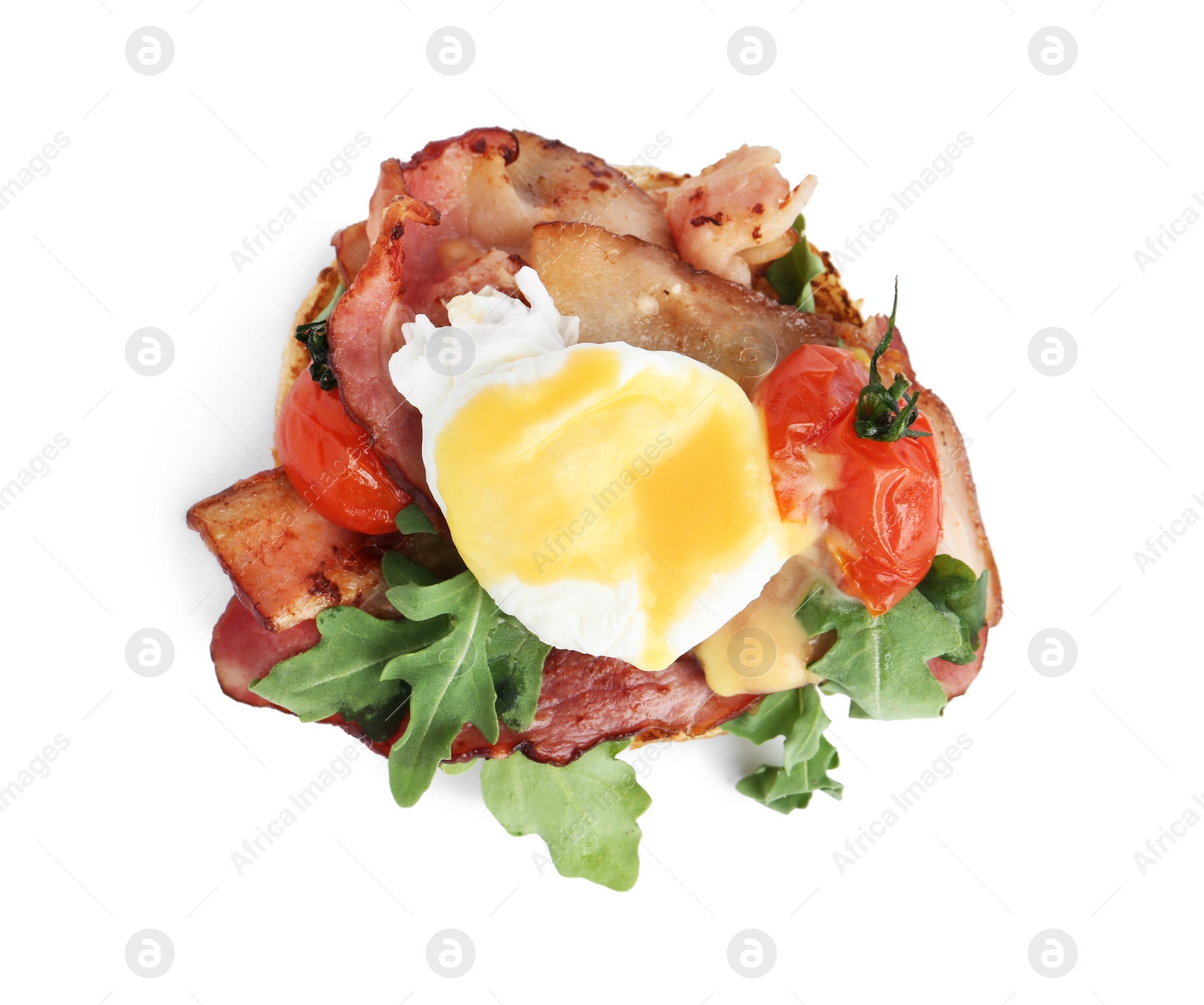 Photo of Fresh delicious egg Benedict isolated on white, top view
