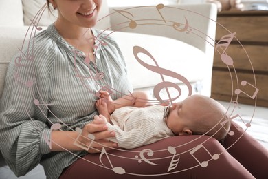 Image of Smiling mother singing lullaby to her baby at home, closeup. Music notes illustrations flying around woman and child