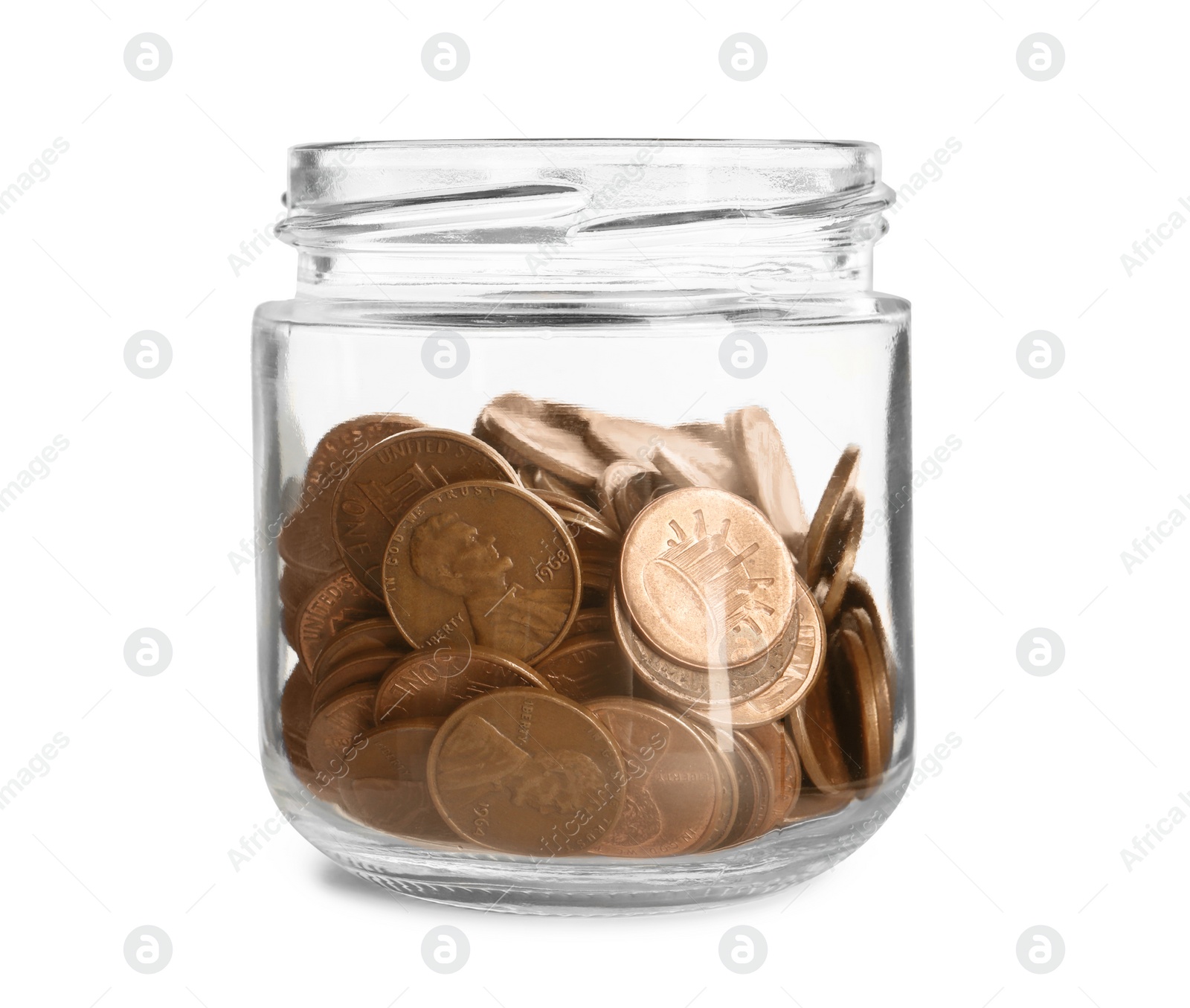 Photo of Glass jar with coins isolated on white