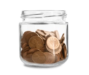 Glass jar with coins isolated on white