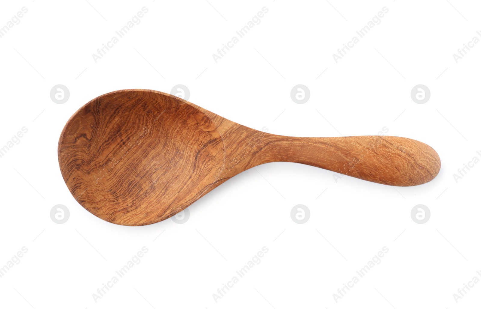 Photo of New handmade wooden spoon isolated on white, top view