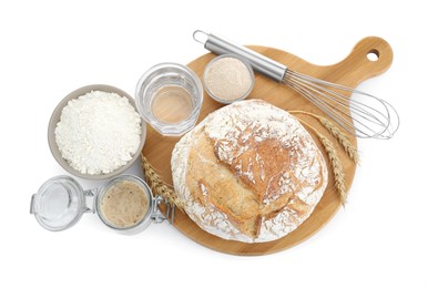 Photo of Freshly baked bread, sourdough and other ingredients on white background, top view