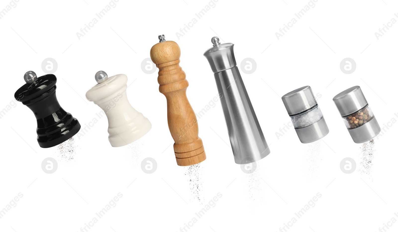 Image of Different pepper and salt shakers on white background, collage