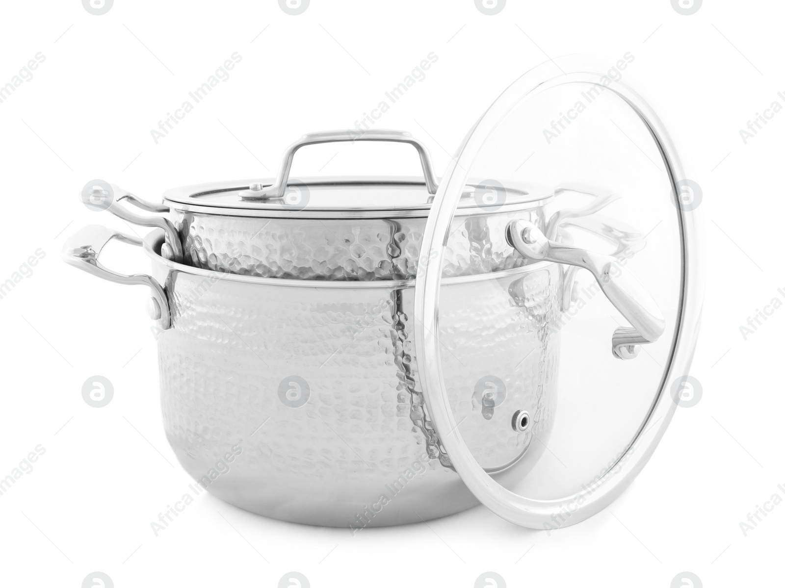 Photo of Steel pots with lid isolated on white