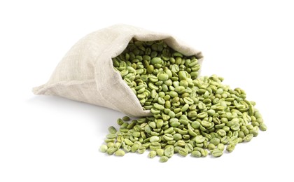 Overturned sackcloth bag with green coffee beans on white background