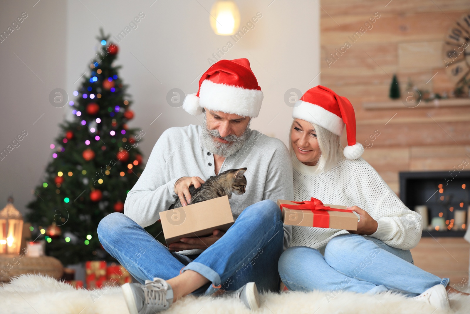 Photo of Happy couple with cute cat and gift box near Christmas tree at home