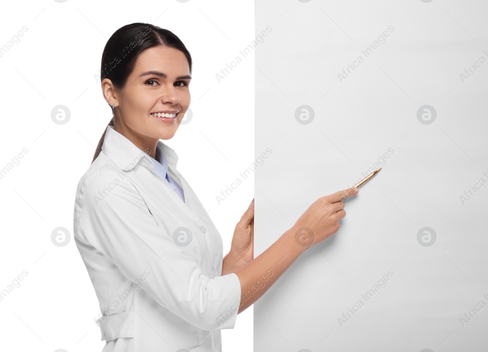 Photo of Ophthalmologist pointing at blank banner on white background, space for text