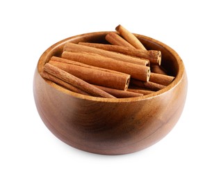 Photo of Cinnamon sticks in bowl isolated on white